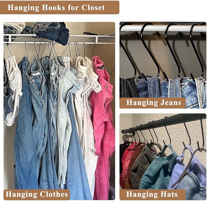 ESFUN 30 Pack 3.7 inch Length S Hooks Black Steel S Shaped Hooks for Hanging Jeans Pans Pots Plants Bags Towels Kitchen Closet Hooks Hanger, Fit The Rod Dia Less than1 inches