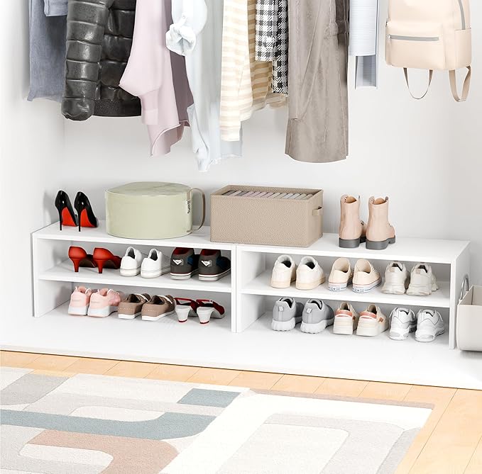 Whitmor Stackable 28" Extra Wide 2-Shelf Storage Organizer, Stackable Wood Combination Shoe Organizer Racks Shelves for Closets, Entryway, Hallway, Garage,White,2 Pack