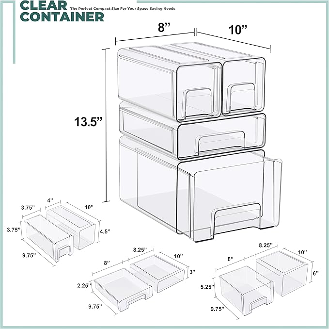 Sorbus Clear Stackable Storage Drawers, 4-Piece Set 1 Large, 1 Medium & 2 Small Pull-Out Plastic Organizer Bins with Handles for Bathroom, Closet, Pantry, Cabinet & Medicine Storage