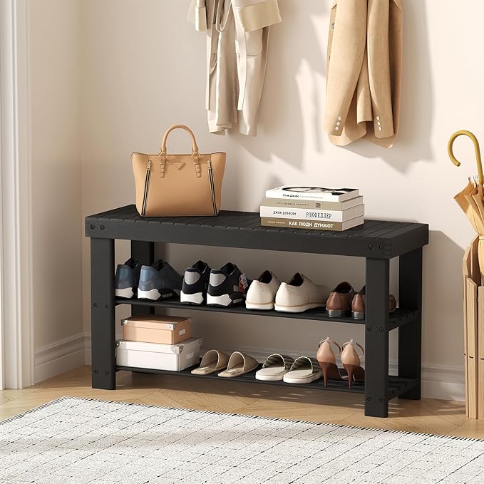 Sweetcrispy Shoe Rack Bench, 3-Tier Bamboo Entryway Storage Organizer, 286lb Capacity, Shoes Stand for FrontDoor Entrance, Bedroom, Living Room, Bathroom, Balcony, 35 Inches Length, Black