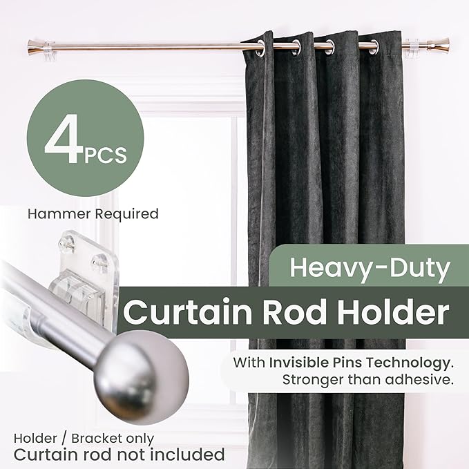No Adhesive Heavy Duty Curtain Rod Holders with Wide Hook, 5X Stronger Than Adhesive Curtain Rod Hooks,Tension Curtain Rod Bracket for Wall with Pin Guide, Curtain Wall Mount (4 Pack, for 0.75" Rods)