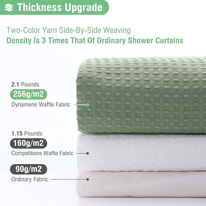 Dynamene Stall Fabric Shower Curtain - 60 x 84 inch Long Waffle Weave Weighted Thick Cloth Shower Curtain for Bathroom, Neutral Heavy Duty Hotel Spa Luxury Bath Curtain Set with 10 Hook, Sage Green
