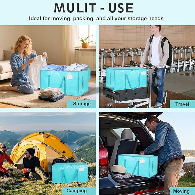 8 Pack-Extra Large Heavy Duty Moving Bags - Waterproof Storage Totes with Handles & Zippers, Foldable for College Dorm, Storage (lake blue)