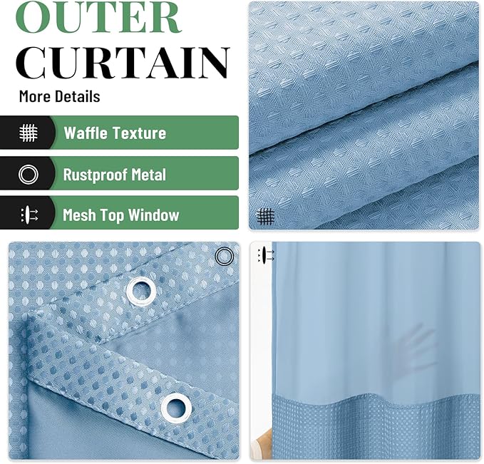 Dynamene 78 Inch Long Shower Curtain, Tall Waffle Fabric Shower Curtains for Bathroom, Hotel Waterproof Cloth Shower Curtain Liner Set with Hooks, Snap in Liner, Mesh Top Window, Moonlight Blue, 72x78