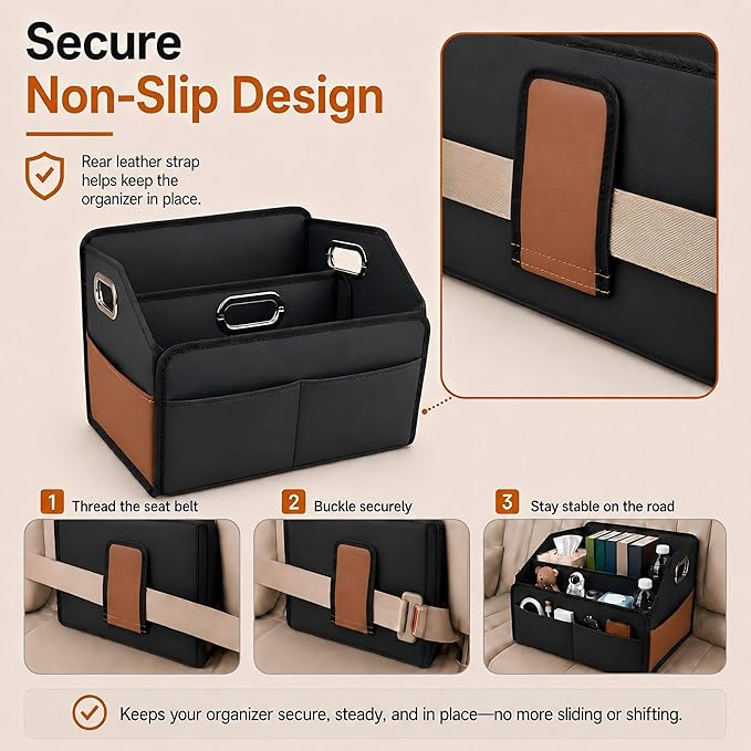 Noaman Car Organizer - 2025 Upgraded Leather Car Storage Organizer for Front Back Seat or Floor with 3 Metal Handles 6 Apartments, Multipurpose Car Organizers and Storage Black.