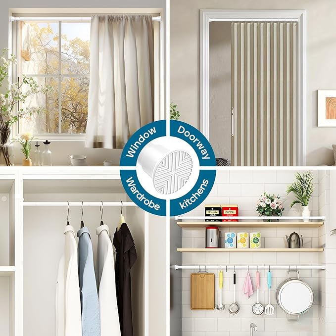 AIZESI 2pcs White Adjustable Tension Curtain Rod, 31-63 Inch Spring No Drill Stainless Steel Shower Rods for Bathroom，Closet ，Window–Rust Resistant，Non-Slip