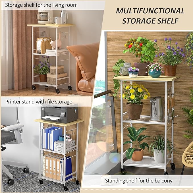 ThreeHio Rolling Kitchen Microwave Cart, 3 Tier Microwave Table Stand with Adjustable Shelf, Kitchen Storage Rack on Wheels, Coffee Station Cart Rack Shelf Organizer for Living Room Office, Balcony