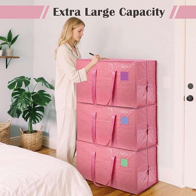 12 Pack Moving Bags with Full-Open Side Zipper, Extra Large 93L Heavy Duty Waterproof Foldable Storage Totes for College Dorm, Moving & Home Organization Pink
