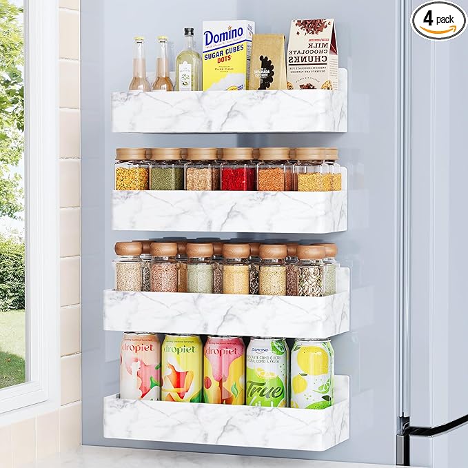 Magnetic Spice Rack for Refrigerator, Kitchen Organizer and Storage Shelf, Marble(4 Pack)
