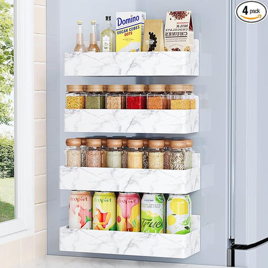 Magnetic Spice Rack for Refrigerator, Kitchen Organizer and Storage Shelf, Marble(4 Pack)