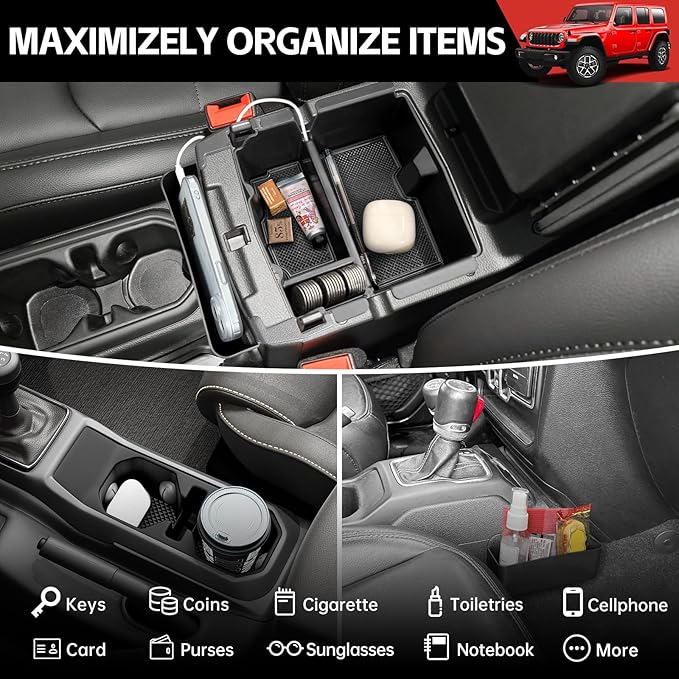 Center Console Organizer Fit for 2018-2025 Jeep Wrangler JL JLU 4XE/Gladiator JT Center Console Cup Holder Armrest Storage Hanging Gear Shift Tray for Wrangler&Gladiator(3-Piece+Cupholder)