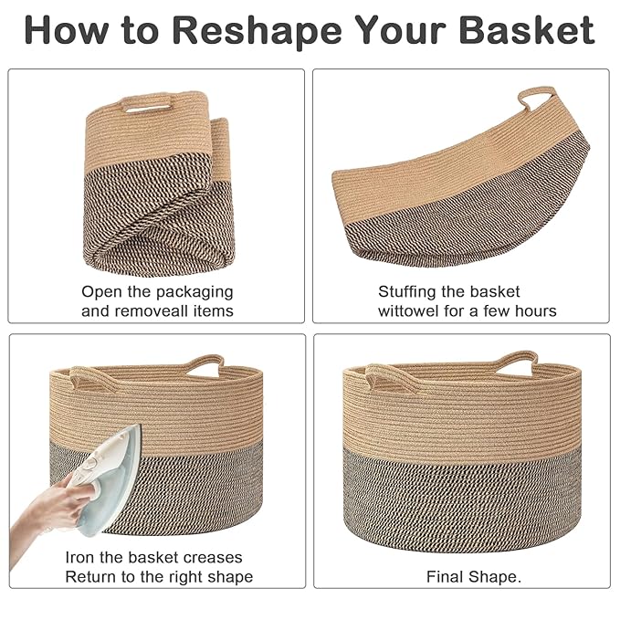 90L Extra Large Blanket Basket,Rope Woven Storage Basket with Handles, Laundry Hamper for Toys, Clothes, Pillows & Towels, Perfect for Living Room, Nursery & Bedroom,Green&White