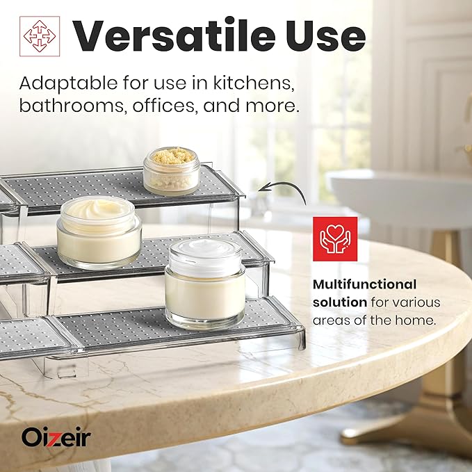 Oizeir Expandable Spice Organizer Rack (2-PACK) - 3-Tier - Clear Adjustable Tiered Shelf Spices Organization for Kitchen Cabinet and Pantry Storage