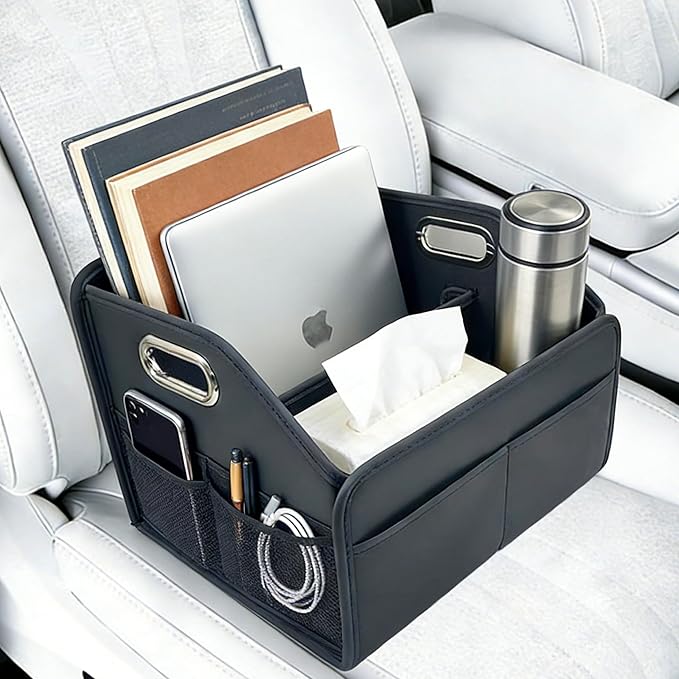 Car Storage Basket, Foldable with Removable Dividers, PU Leather Seat Organizer with Metal Handle, Non-Slip Stable Design, Passenger Front Seat Storage for Back Seat & Floor, 12.6 Inches