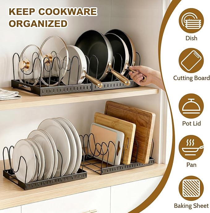 2PACK Expandable (12"-24") Pots and Pans Organizer Under Cabinet with 32 Adjustable Dividers for Kitchen, Pot Lid Organizers Inside Cabinet, Pan Lid Holder, Rust-Resistant Lid Storage, Easy to Clean