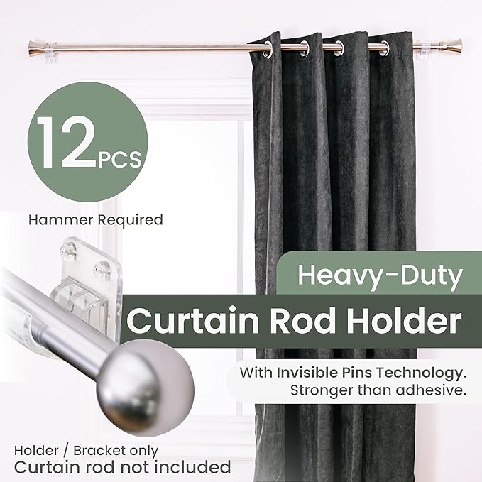 No Adhesive Heavy Duty Curtain Rod Holders with Wide Hook, 5X Stronger Than Adhesive Curtain Rod Hooks,Tension Curtain Rod Bracket for Wall with Pin Guide, Curtain Wall Mount (12 Pack, For 0.75" Rods)