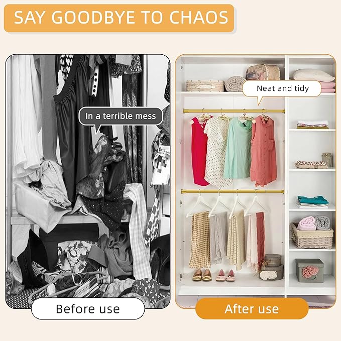 1.3 Inch Diameter Closet Rods for Hanging Clothes 17-75 Inch Adjustable, Metal Heavy Duty Closet Pole, Gold Closet Bar for Hanging Clothes, Suitable for Closet, Wardrobes, Bathroom, Windows