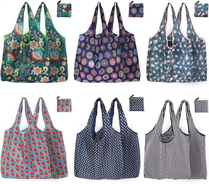 Reusable Grocery Bags, 12 Pack 50Lbs Foldable Fashion Washable Shopping Bags, Large Boho Tote Bags For Groceries, Bulk Market Cloth Storage Bags, Utility Aesthetic Personalized Gifts For Women