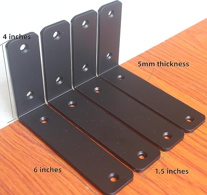 6 Pack - L 6" x H 4" x W1.5, 5mm Thick Black L Shelf Bracket, Iron Shelf Brackets, Metal Shelf Brackets, Floating Shelf, Shelf Supports with Screws