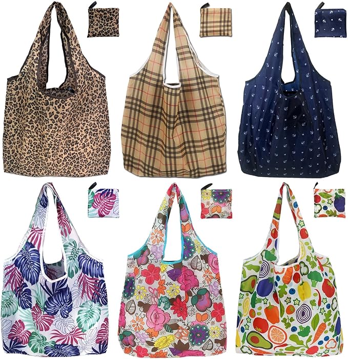 Reusable Grocery Bags, 6 Pack 50Lbs Foldable Fashion Washable Shopping Bags, Large Tote Bags For Groceries, Foldie Beach Bag, Foldable Travel Bag Gifts For Women