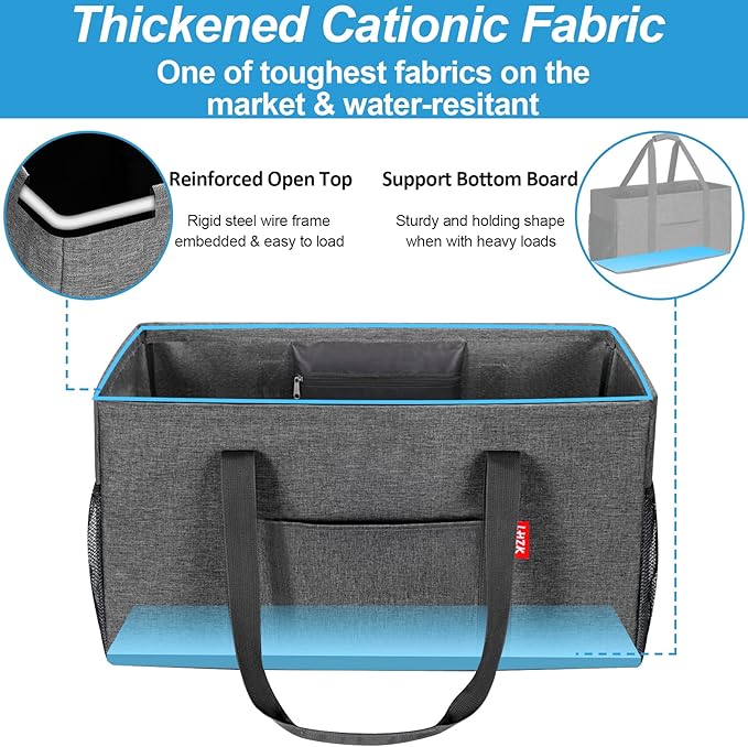 LHZK 2 Pack Extra Large Utility Tote Bag with Metal Wire Frame and the Sides Rinforced, Extra Large Tote Bag with Handle for Pool Beach Laundry Storage (Grey)