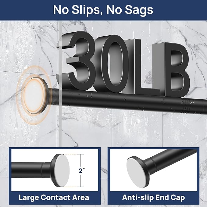ENJOYBASICS Matte Black Shower Curtain Rod 30 to 64 Inches, 1 Inch Stainless Steel Adjustable Spring Tension Rods No Drill for Bathroom, Closet, Window, Room Divider, Never Rust, Non Slip