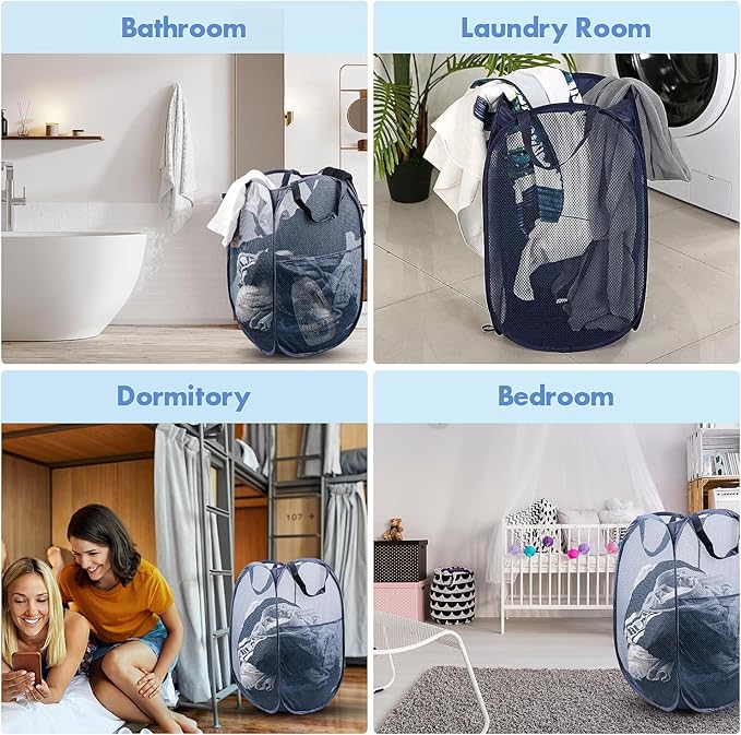 DUCOO Pop Up Laundry Hamper, 70L Collapsible Mesh Laundry Basket with Side Pocket, Foldable Dirty Clothes Hamper with Sturdy Reinforced Handles for Home Dorm Bedroom Travel Bathroom Storage, Blue