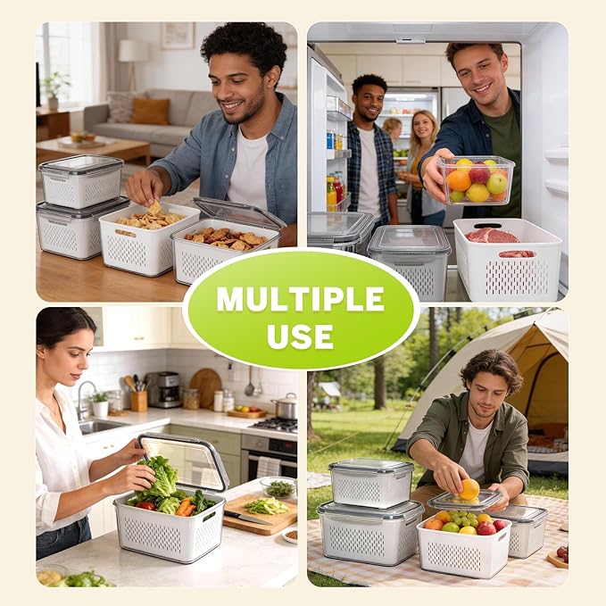 HOMETALL 6 PCS Fruit Storage Containers for Fridge with 6 Removable Colanders, BPA Free Produce Containers for refrigerator, Dishwasher & Microwave Safe Food Containers Keep Fruit, Salad, Berry, Fresh
