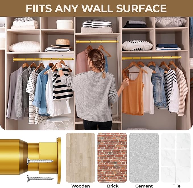 Mavivegue Closet Rod, 17 to 28 Inch Gold Adjustable Closet Rods for Hanging Clothes, Hanging Rod for Closet Wardrobes Laundry RV, Bathroom