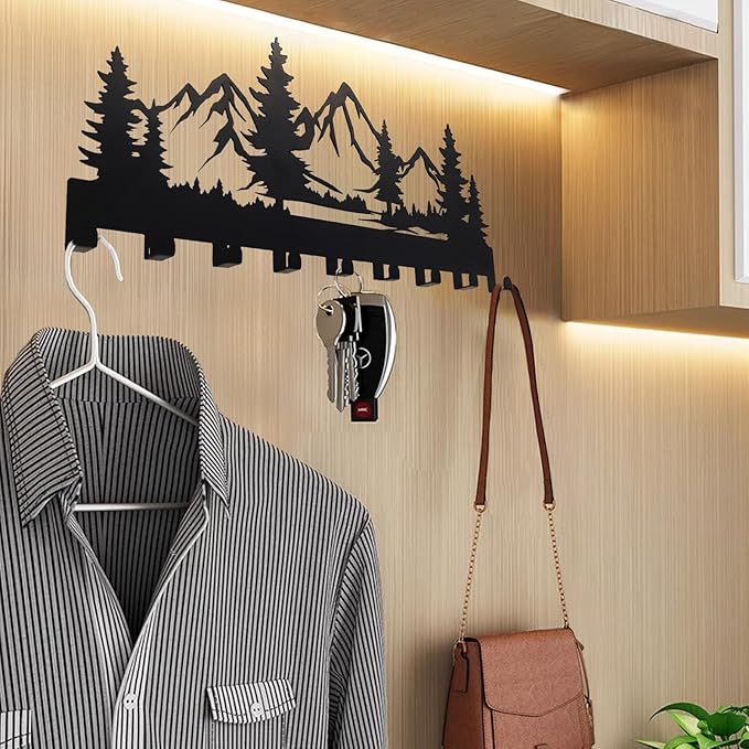 Metal Key Holder, Wall Mounted Key Hooks, Key Holder for Wall, Key Organizer Rack with 9 Hooks, Key Hanger Decor for Kitchen, Entryway, Hallway, Bedroom, Doorway (Mountain 14IN)