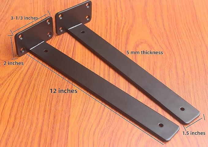 6 Pack - 12 inch Black Hidden L Shelf Bracket (1/5 Inch Thicked) Iron Floating Shelf Brackets Rustic Industrial Metal Brackets for Shelf Support