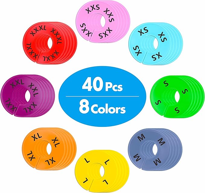 40 Pack Round Colorful Plastic Clothing Size Closet Rack Dividers Hangers, 8 Assorted Colors, Preprinted in 8 Sizes XXS, XS, S, M, L, XL, XXL, XXXL (Outer 3.5”, Inner Diameter 1.38”)