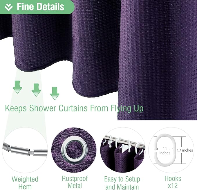 Dynamene Purple Fabric Shower Curtain - Waffle Textured Heavy Duty Cloth Shower Curtains for Bathroom, 256GSM Hotel Spa Luxury Weighted Polyester Bath Curtain Set with 12 Plastic Hooks(72Wx72H,Purple)