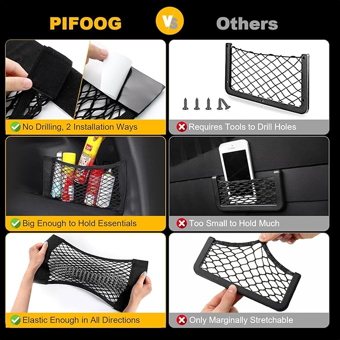 PIFOOG 4Pcs Car Net Pocket Elastic Small Mesh Cargo Storage Nets Bag Organizer Wall Sticker Pouch Netting Universal for Vehicle SUV Trunk Seat RV Camper
