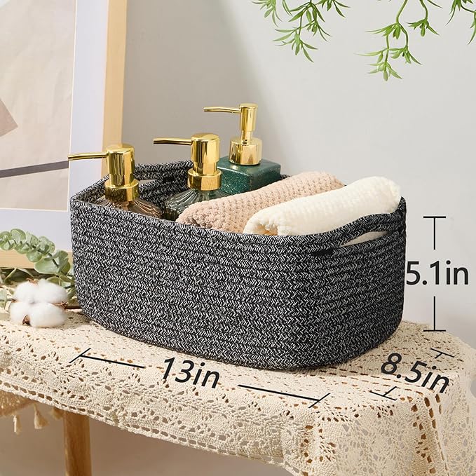 MiniArk Small Storage Baskets for Organizing | Closet Organizer Bins | Shelf Toy Basket | Woven Rope Baskets | Cube Decorative Box | Shallow Basket | 13x8.5x5.1” | 4 Packs Dark Gray