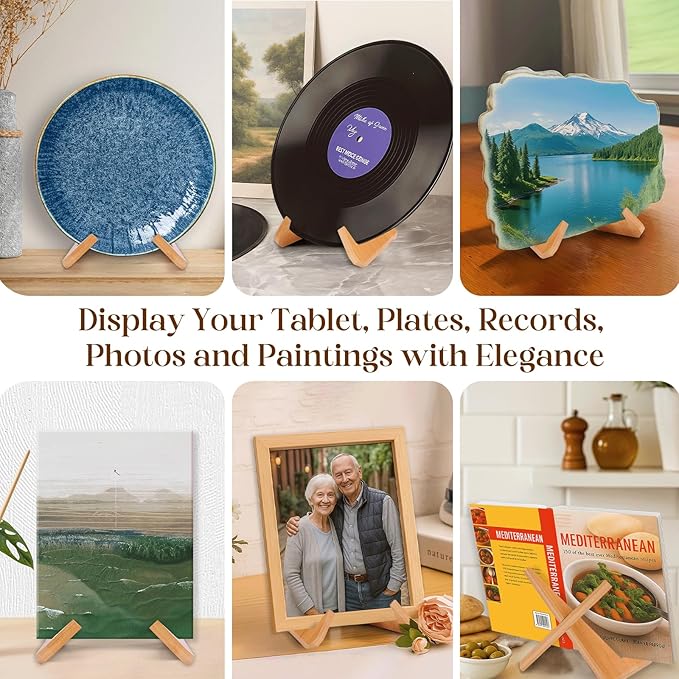 XKDOUS 2 Pack Plate Holders for Displaying 6.5 Inch Decorative Plate Display Stand Heavy Duty Bamboo Picture Frame Stands Cook Book Holder for Kitchen
