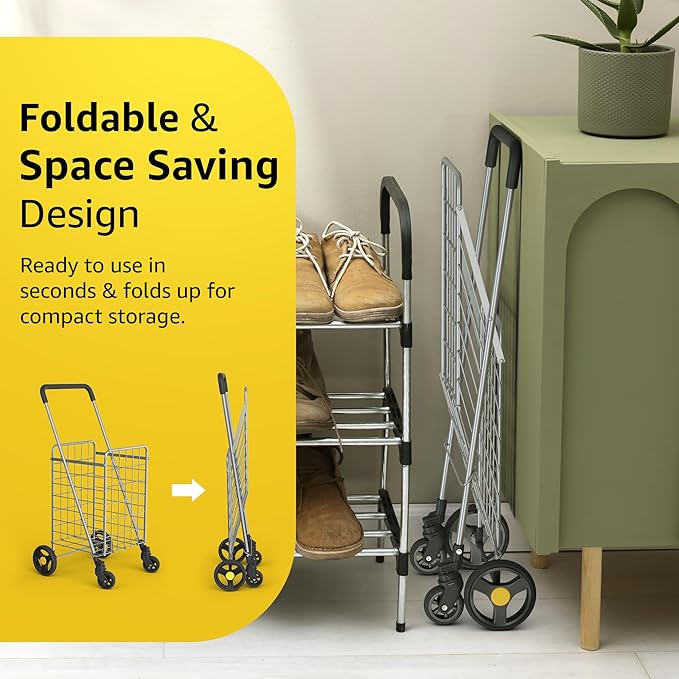 Our Modern Space Shopping Cart & 360° Swivel Wheels | Foldable Collapsible & Lightweight | Perfect for Groceries Laundry Utility Cart - Silver