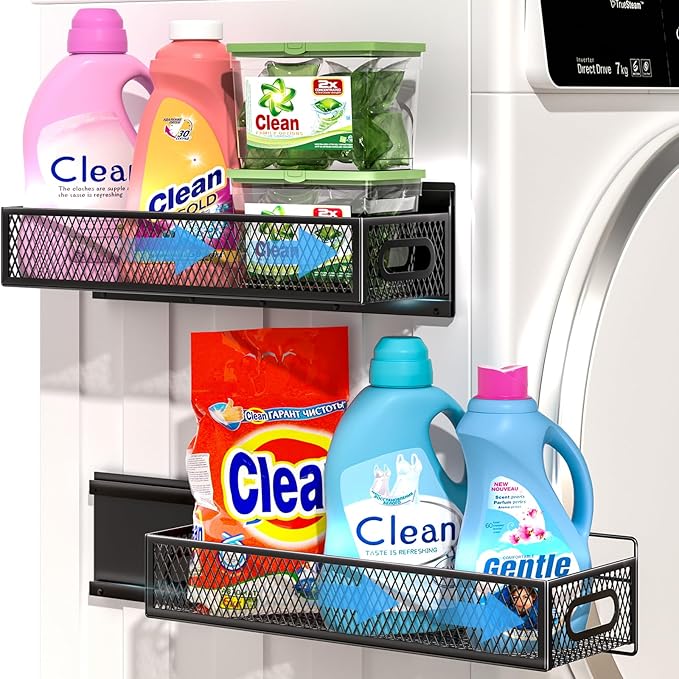 DTUQYX 2-Pack Magnetic Pull Out Laundry Organizer, Slide Out Magnetic Shelves for Washing Machine, Strong Magnet Metal Basket for Washer Dryer Laundry Room, Heavy Duty Widen Spice Rack for Kitchen