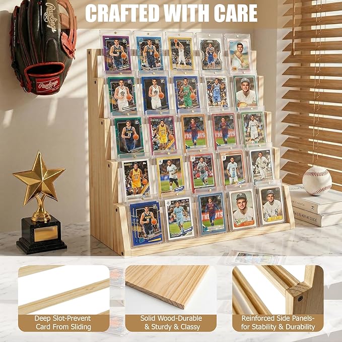 5 Tier Wooden Card Display Stand – Vertical Card Holder Display for Trading Cards, Game Cards, Sports Cards, Graded PSA/BGS/SGC, Baseball, Basketball&Football(Soccer) Card Stand, Desk & Shelf Organize,Natural