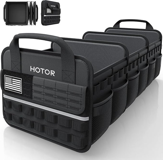HOTOR Tactical Car Trunk Organizer - Foldable Trunk Organizer for SUV with Front MOLLE Pocket & Reflective Strips, Essential Car Accessories for Tools & Outdoor Storage, 11.6" x 31.9" x 11.0", Black