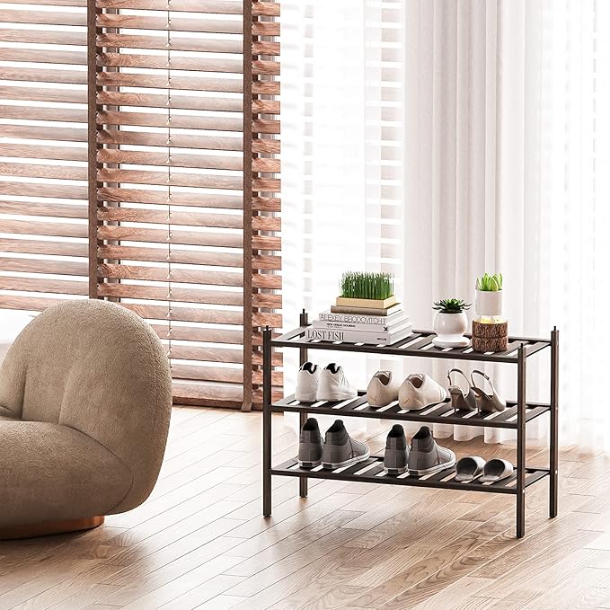 Shoe Rack, 3-Tier Bamboo Stackable Shelf Storage Organizer, Stand for Closet, Entryway, Hallway, Bathroom and Living Room（Mocha）