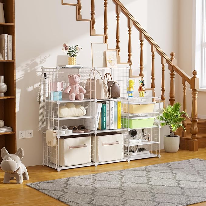 C&AHOME Wire Cube Storage Unit, Interlocking Metal Wire Organizer with Divider Design, Modular Cabinet with Plastic Panels, Bookshelf Stackable Closet Organizer with Small Hooks, White UWCSIM08W