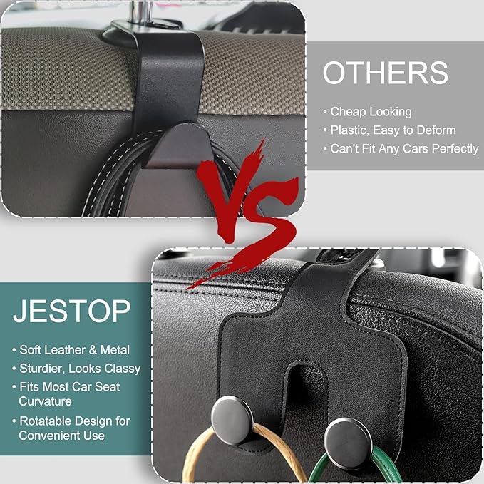 JESTOP Car Headrest Hook, Bags Hanger for Car, Leatehr Car Double Hooks for Purses and Bags, Car Hanger Storage Holder for Handbag Coat Umbrella, Car Inside Accessories