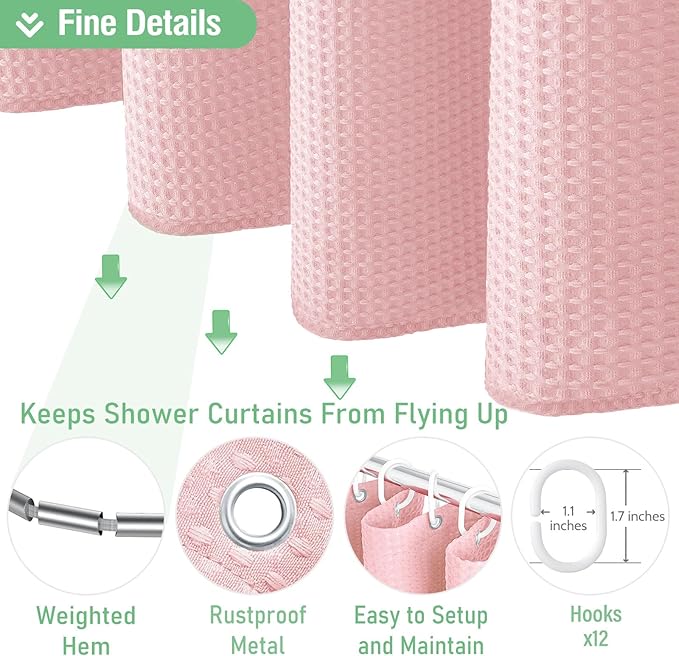 Dynamene Extra Long Fabric Shower Curtain - Waffle Weave 90 Inches Long Heavy Duty Cloth Shower Curtains for Bathroom, 256GSM Tall Hotel Luxury Bath Curtain Set with 12 Plastic Hooks, Pink