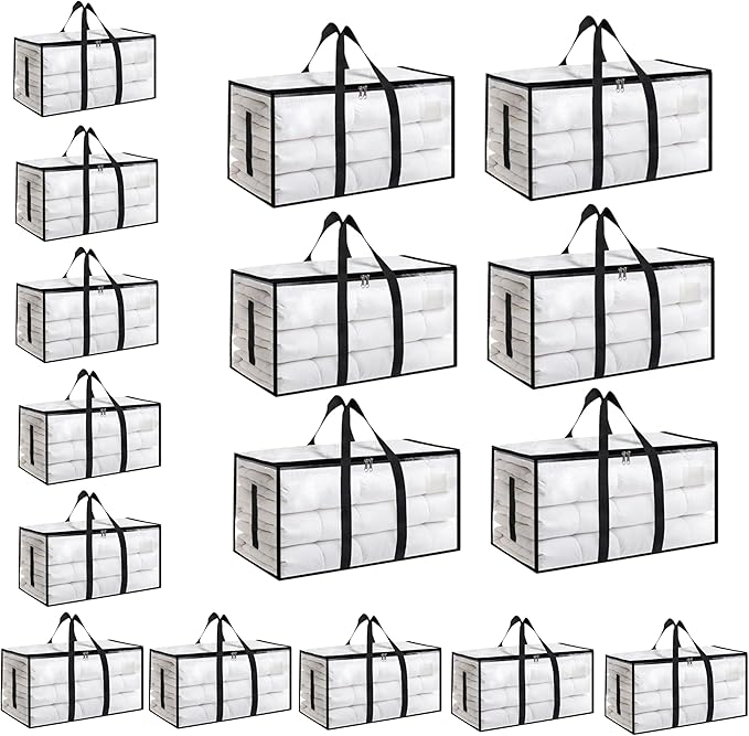 16 Pack-Extra Large Heavy Duty Moving Bags - Waterproof Storage Totes with Handles & Zippers, Foldable for College Dorm, Storage (Clear)