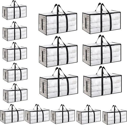 16 Pack-Extra Large Heavy Duty Moving Bags - Waterproof Storage Totes with Handles & Zippers, Foldable for College Dorm, Storage (Clear)