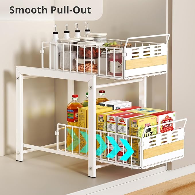 Under Sink Organizer, 2-Tier Pull Out Cabinet Organizer with Heavy-Duty Carbon Steel Sliding Shelves, Stackable Multi-Purpose Storage Rack for Kitchen Pantry Bathroom with Movable Dividers, White