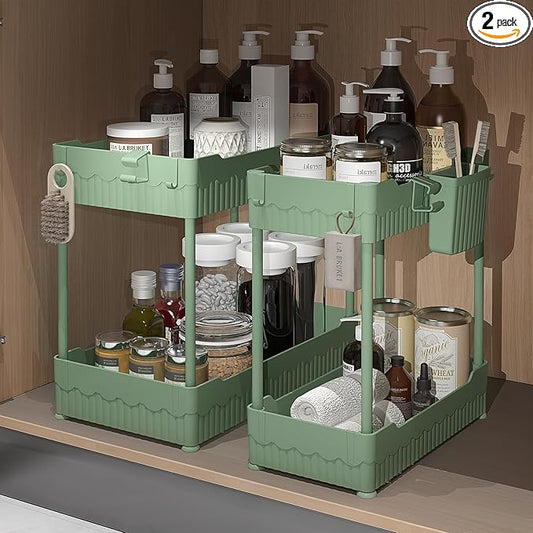 2 Pack Under Sink Organizer, Under Bathroom Cabinet Organizer with Hooks Hanging Cup, Multi-Purpose Storage Shelf for Kitchen Bathroom (Green, L)