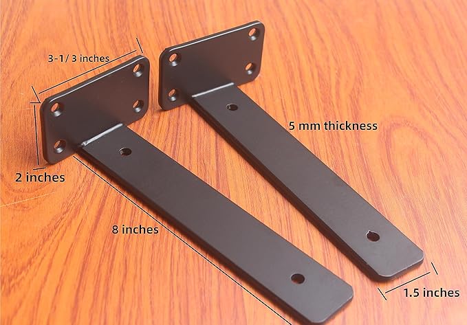 2 Pack - 8 inch Black Hidden L Shelf Bracket (1/5 Inch Thicked) Iron Floating Shelf Brackets Rustic Industrial Metal Brackets for Shelf Support