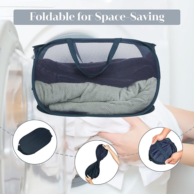 Durable Collapsible Laundry Baskets, Mesh Pop Up Laundry Hamper with Side Pocket, Foldable Clothes Hamper with Reinforced Carry Handles for Laundry, Bathroom, Kids Room, Dorm, Travel 2 Pack Navy Blue